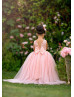 Peach Pink Lace Tulle V Back Flower Girl Dress With Beaded Sash